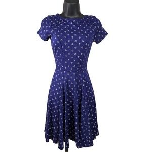 Unique Vintage x GB Dress XS Nautical Navy Blue Anchor Print Fit & Flare Pin-up